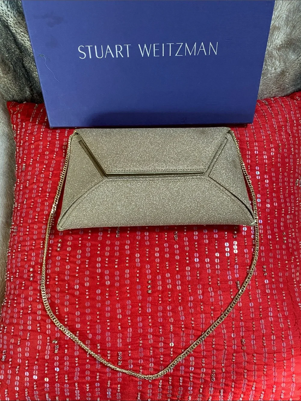 Stuart Weitzman With Certificates Sparkling Gold Logo Lining Bag With Gold Chain